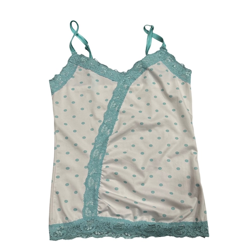 White Teal Polka Dot Lace Trim Camisole Ruched V-Neck Tank Top Sleeveless Cami